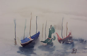 Aquarellbild Gondeln im Nebel