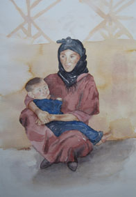 Aquarellbild Marokkanerin mit Kind