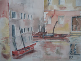 Aquarellbild Boote in Venedig