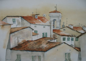 Aquarellbild Dächer von Lucca