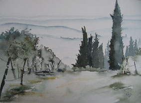 Aquarellbild Toskana im Nebel